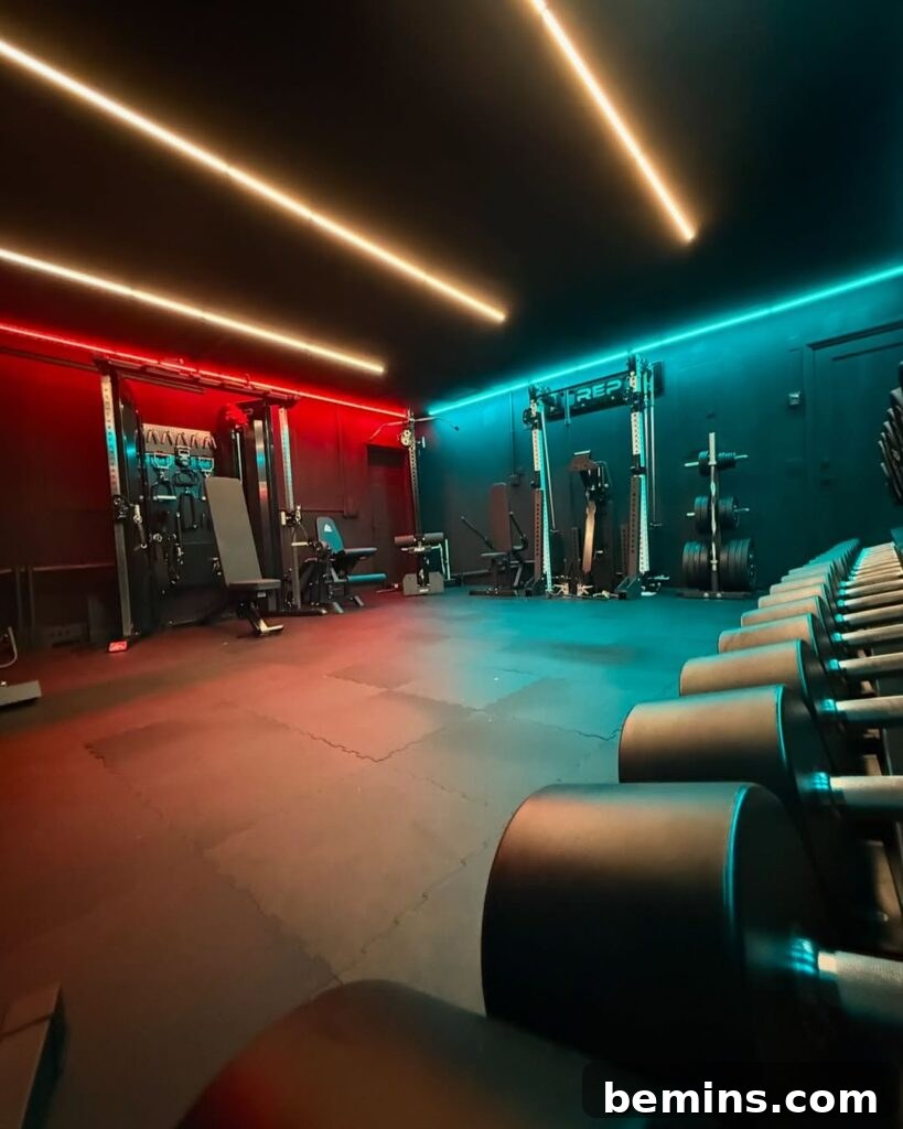 Zahmetsizce Formda Kalın: Bodrum Katı Ev Spor Salonu Fikirleri 6 Basement gym with blue and red mood lights