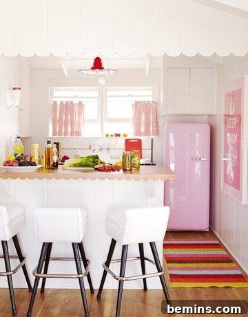 Visually Sweet: 10 Stunning Red and Pink Kitchen Designs 4 Retro Pink Kitchen with Ruffled Drapes