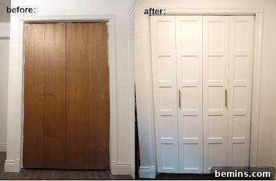 A closet door with panels painted white
