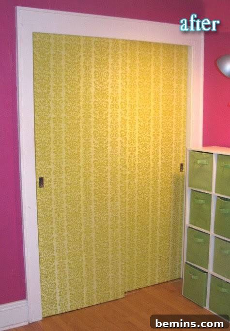 Yellow door with a white frame on a pink wall, showcasing a creative closet door makeover