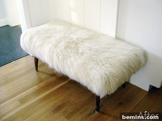 Thrift Store Bench: From Drab to Fab with a Scandinavian Touch 3 After: A stylish bench reupholstered with a Flokati rug
