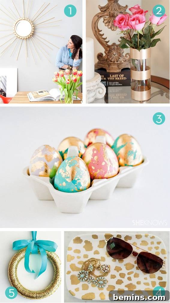 Gilded Delights: 10 DIY Gold Decor Ideas 3 DIY Gold Sunburst Mirror and Gold Leaf Vase Ideas