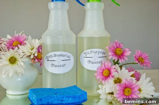 Homemade cleaning solutions in spray bottles