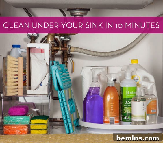 Organized space under a kitchen sink with cleaning supplies on a lazy susan