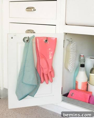 Cleaning supplies hanging on the inside of a cabinet door