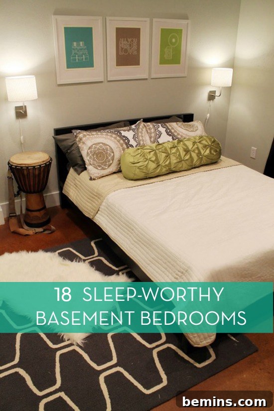 Stylish Basement Bedroom with Tiled Accent Wall