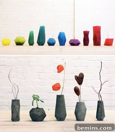 Geometric faceted cement vases
