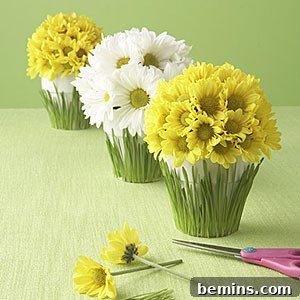 DIY spring centerpiece with painted terracotta pots and real grass