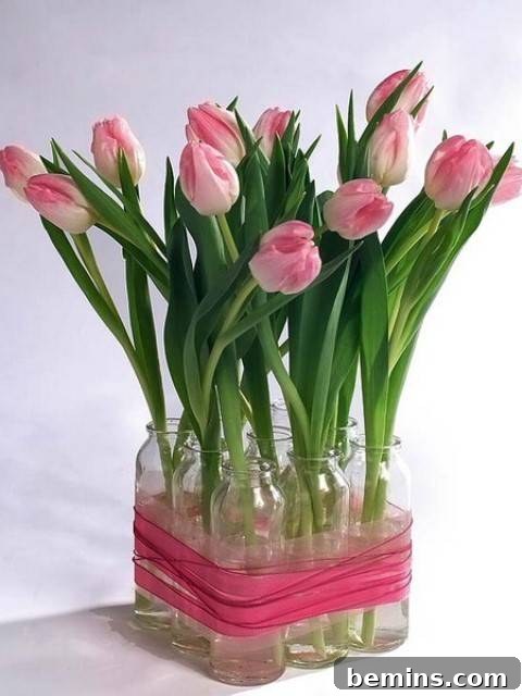 Delicate spring centerpiece using multiple glass bottles