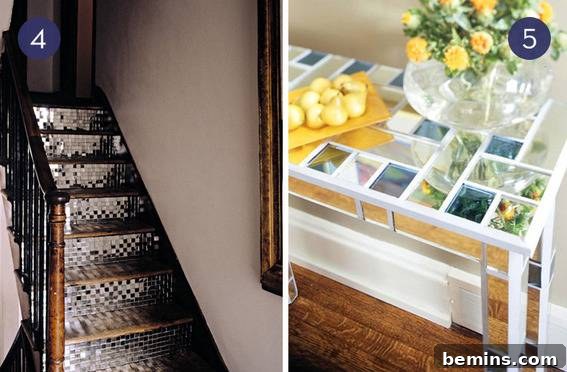 Mirror Tiles on Stair Risers for a Unique Look