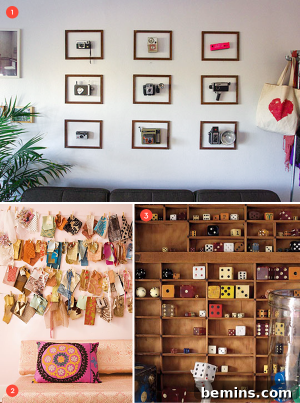A carefully arranged display of various collectibles adorning the walls, demonstrating how collections can become integral to a room's decor.