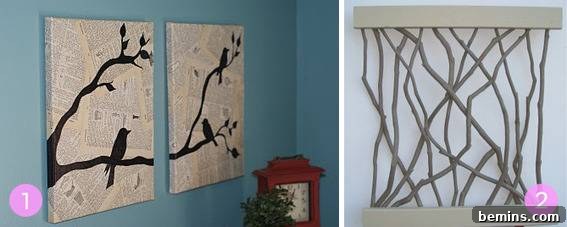 A bird collage hanging on a wall, adding a touch of whimsy to the room