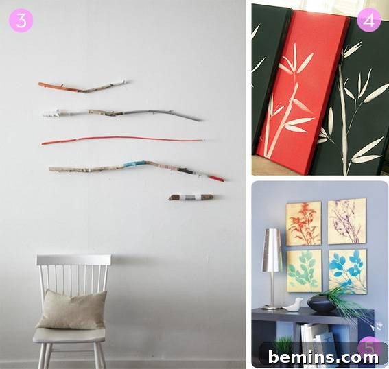 Abstract designs created with painted driftwood hanging on a wall