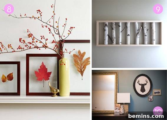Fall wall art featuring pressed leaves, branches, and deer elements