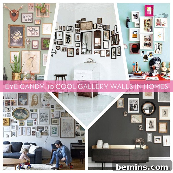 A diverse array of abstract designs artfully arranged on a series of walls, creating a visually stimulating and engaging gallery wall display.