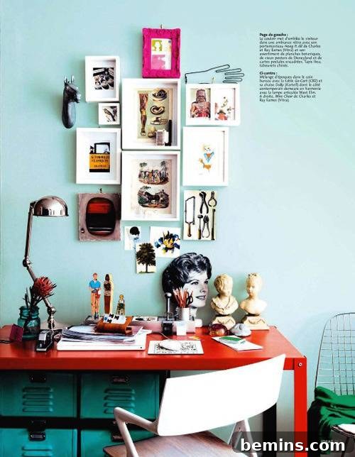 A vibrant gallery wall is complemented by a red side table, creating a visually striking and cohesive interior design element.