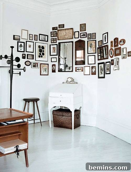 A corner of a room transformed into an artful display, showcasing a curated collection of flat wall art pieces in varying shapes and sizes, clustered together to form a visually engaging composition.