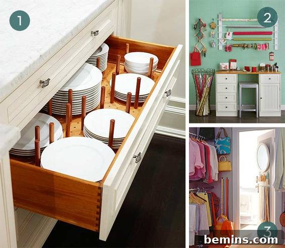 Organized china in drawers using pegboards and dowels