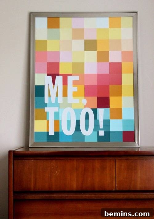DIY Wall Decor: 10 Vibrant Art Projects to Personalize Your Space 12 Colorful wall art made with paint swatches, featuring the words 'ME Too!'.