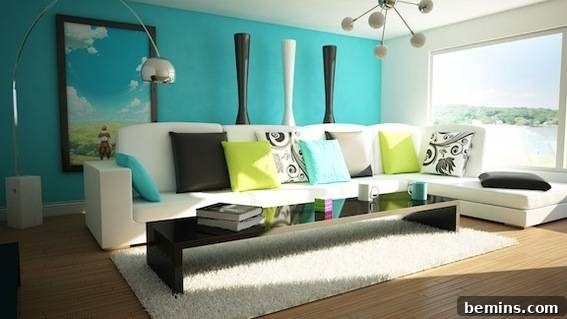 Visually Stunning Interiors: Bedrooms and Living Spaces 12 Living room with white sofa, rug, blue wall, and a view