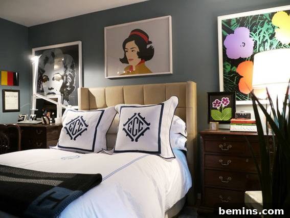 Visually Stunning Interiors: Bedrooms and Living Spaces 6 Black and white monogrammed pillows on a bed in a room with artwork