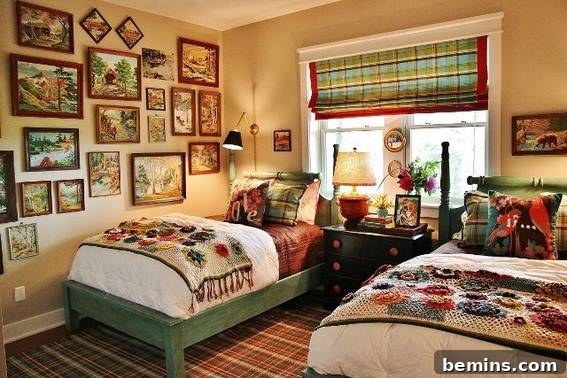 Visually Stunning Interiors: Bedrooms and Living Spaces 7 Bedroom with two beds and numerous paintings with brown frames