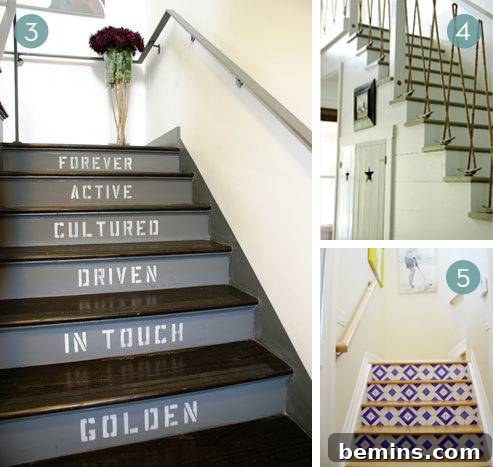 Stairway to Chic: 10 DIY Makeover Ideas for Your Stairs 4 Staircases decorated with inspirational quotes on each step.