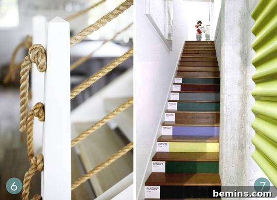 Stairway to Chic: 10 DIY Makeover Ideas for Your Stairs 5 Colorful stairs with a knotted rope sculpture.