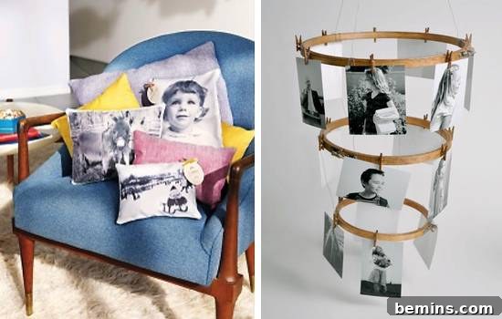 Photo throw pillows on a stylish blue chair, adding a personalized touch to your living room decor.