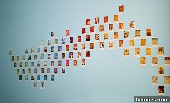 An abstract wall pattern created with Polaroid instant photographs, adding a retro and artistic flair to the space.