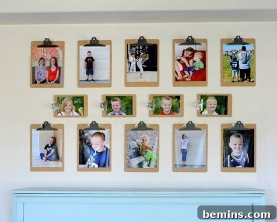 Several stylized pictures displayed on a wall using clipboards, creating a gallery-style photo wall.