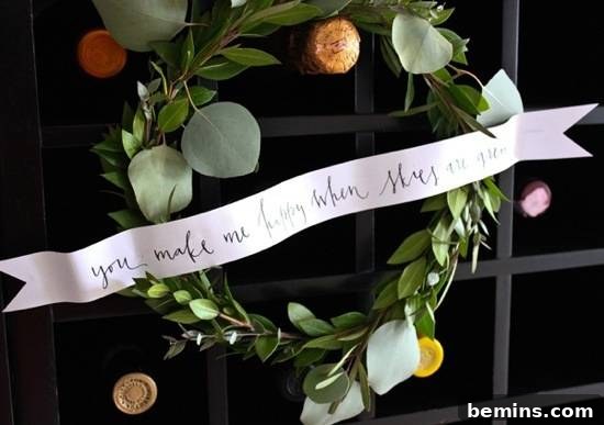20 Heartfelt DIY Gifts for Mom 11 A handmade wreath with a ribbon across it.