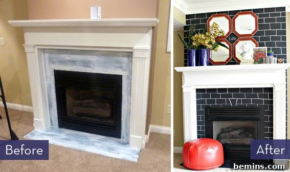 Brick fireplace transformed with chalkboard paint, adorned with decorative plates and vases.