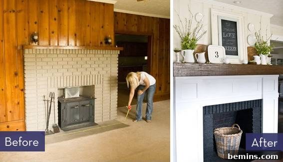 A 1970s-style living room featuring a white brick fireplace after a budget renovation.