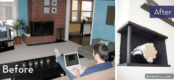 A living room featuring a fireplace renovated with black and white paint, giving it a modern appeal.