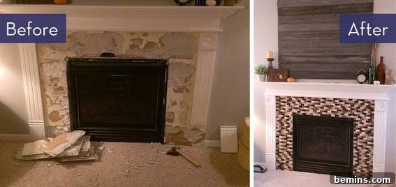 A fireplace adorned with decorative stones around the edges after a tile makeover.
