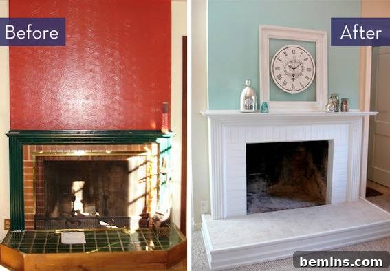 Side-by-side comparison of a fireplace before and after a dramatic makeover.