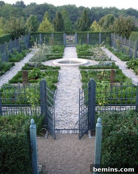 An intricate garden features a fountain as its centerpiece, showcasing a formal and elegant design.