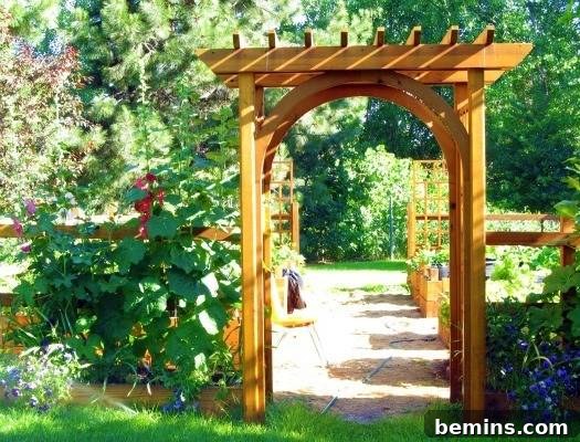A charming wooden arch beckons visitors into a flourishing vegetable garden.