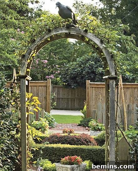 A wooden garden arch stands proudly next to a well-maintained privacy fence in a verdant backyard.