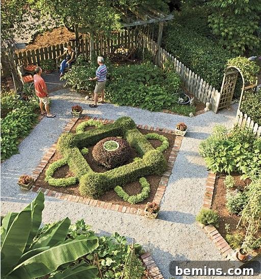 A visually appealing garden design incorporates arches, fences, and comfortable chairs for a relaxing atmosphere.