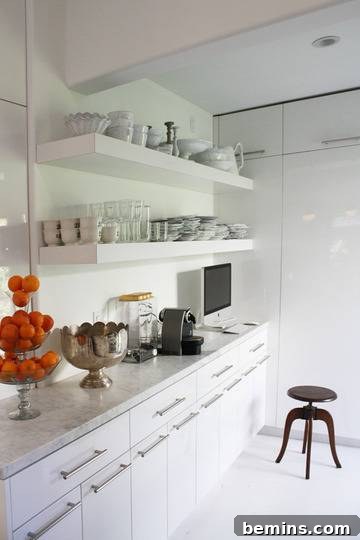White, organized kitchen counters in a very white kitchen.