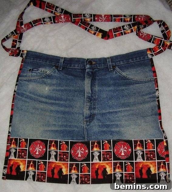 Seven Shades of Denim: Upcycled Jean Aprons 5 Blue jean apron with ruffled red fringe.