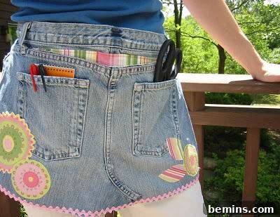 Seven Shades of Denim: Upcycled Jean Aprons 8 Blue jeans with flowers and ribbons