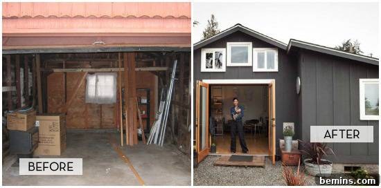 A garage has been turned into a living space, featuring a cozy interior with a bed, small kitchen, and seating area.