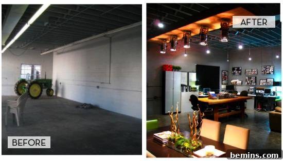 A garage has been transformed into an office with an eating area, featuring modern industrial design elements.