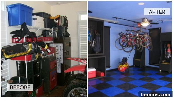 A cluttered garage before and an organized sports storage room after, with bikes and equipment neatly mounted on walls and ceiling.