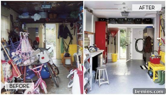 A before and after shot of a once messy garage that has now been nicely organized with shelving, containers, and clear pathways.