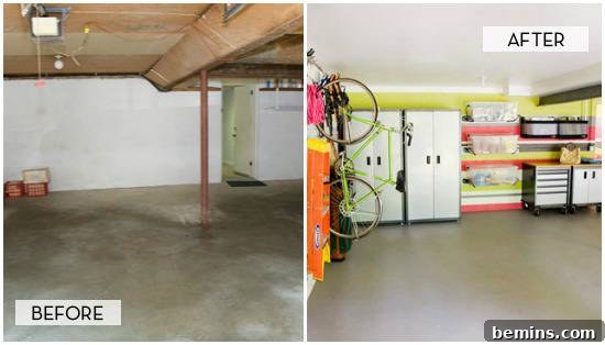 A vibrant and colorful garage workshop by Annie Selke, featuring neon striped walls and organized tools.