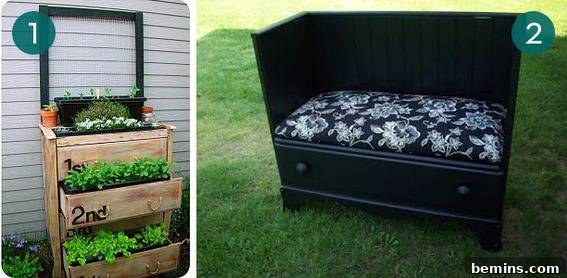 Old dresser repurposed as an outdoor garden planter